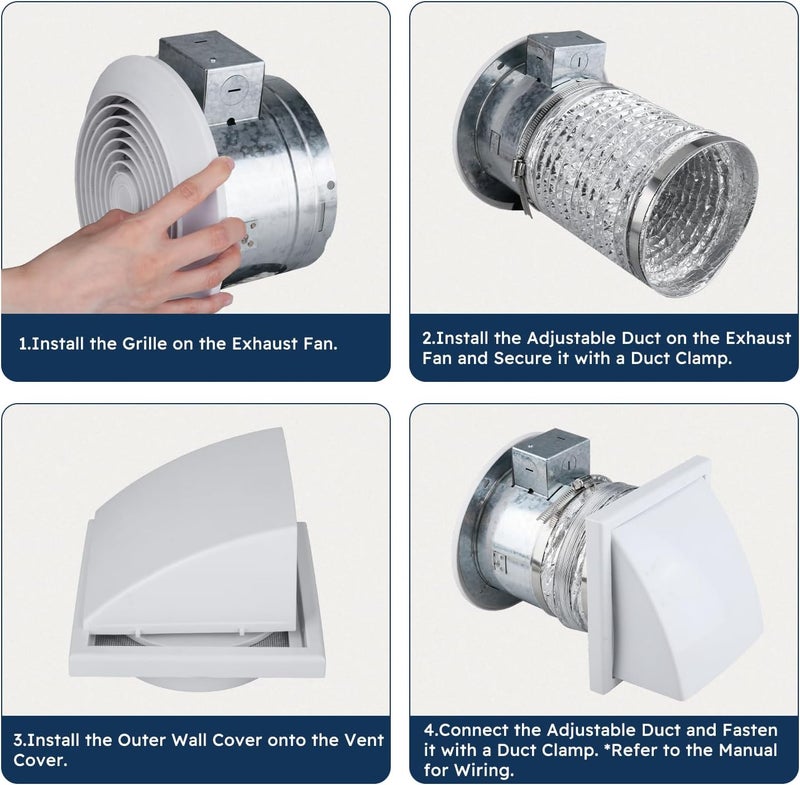 Quini 512M 6-inch Through Wall Exhaust Fan, 80 CFM 4.0 Sones, Bathroom Wall Exhaust Fan, Kitchen Ventilation Fan, 6-inch Diameter Vent, Retractable Duct - Image 5